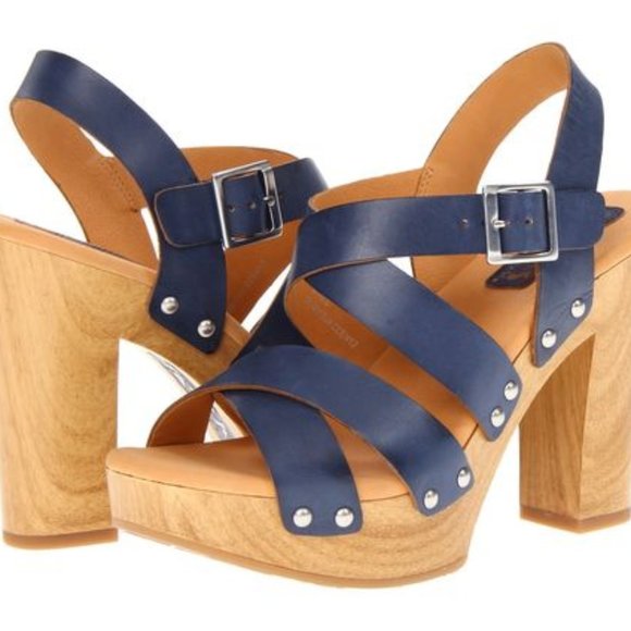 Kork by Kork-Ease Uma Blue F/G Platform Sandals Size 9 40.5 Navy Leather Wood - Picture 1 of 6